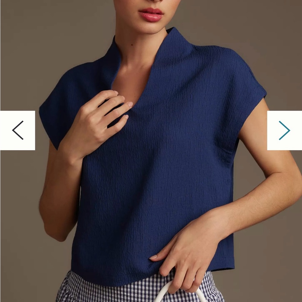 Anthropologie Maeve Blouse Dark Blue Boxy Wide Cap Sleeve Crepe V Neck Small